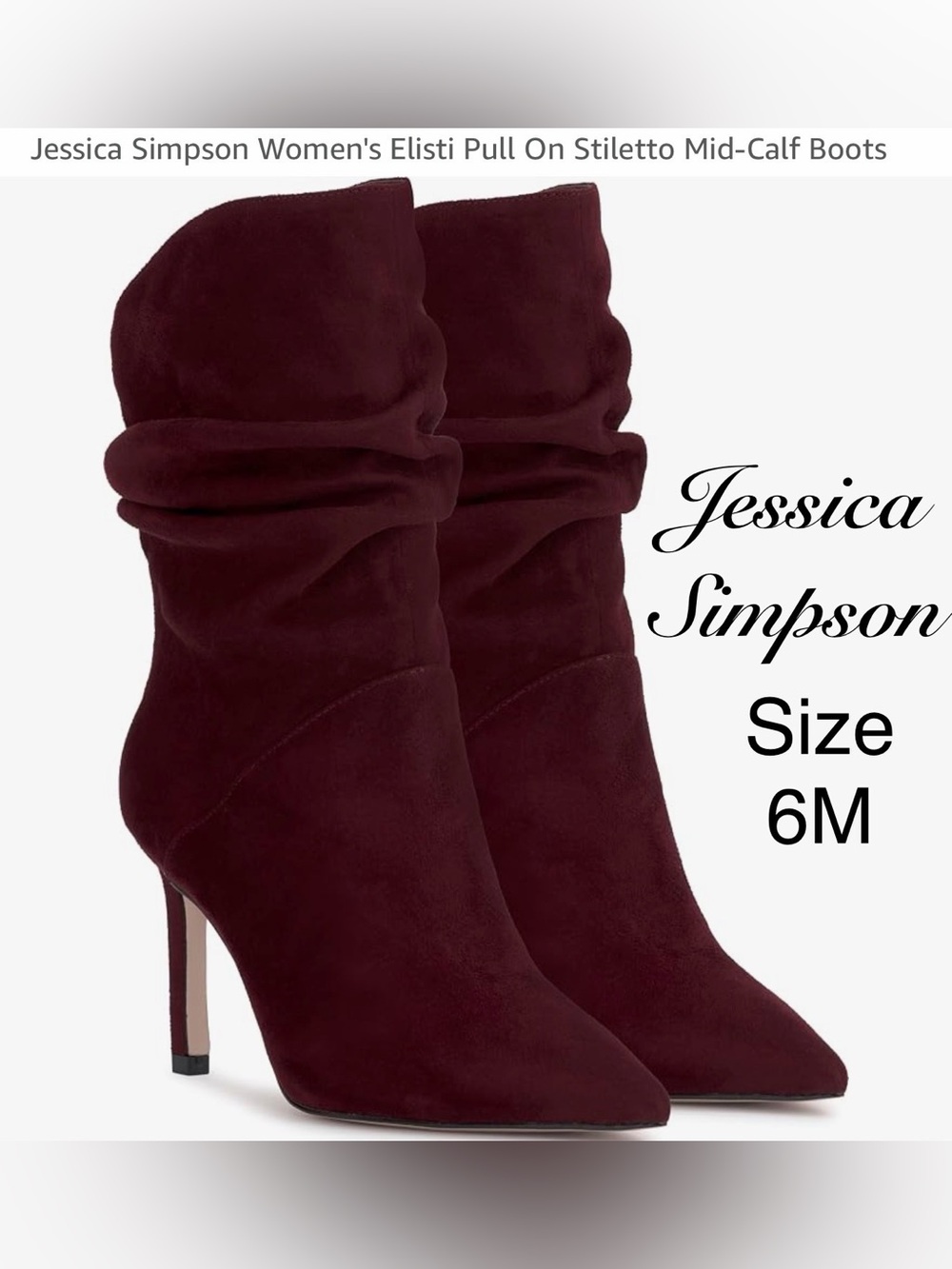 Jessica Simpson Elisti Dark Cherry Pull On Stiletto Mid-Calf Boots, Size 6M NWT